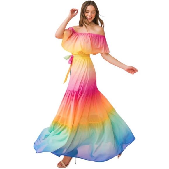 VICI Rainbow Skies off Shoulder Tiered Maxi Dress - Picture 2 of 13